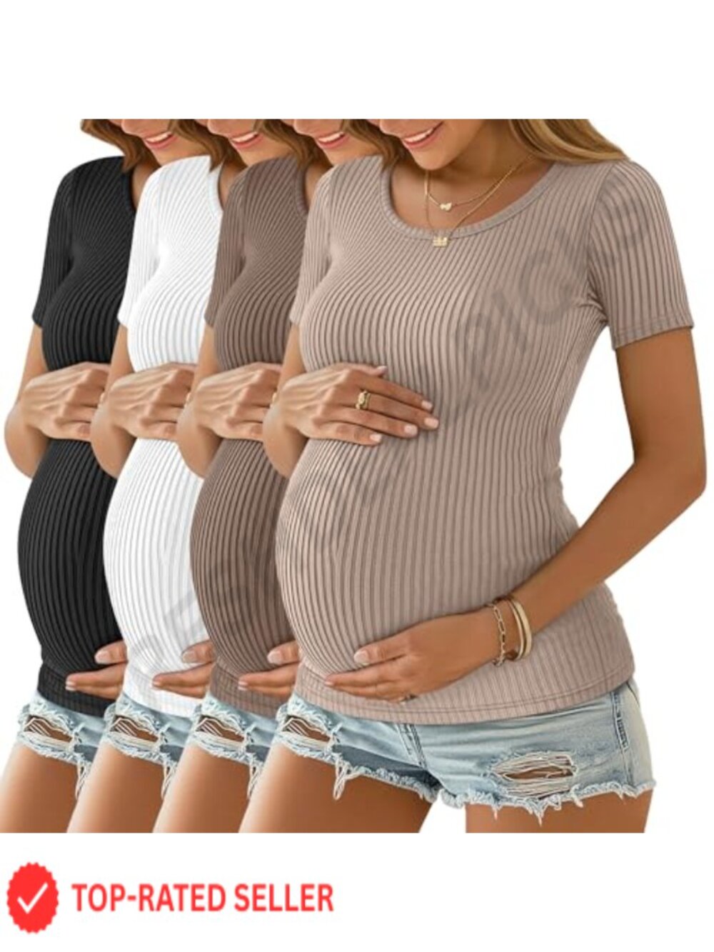 4 Pack Maternity Shirts Cotton Spandex Ribbed Crew Neck Short Sleeve Pregnancy